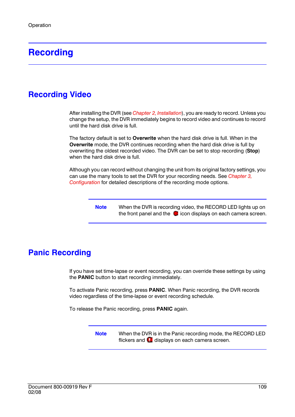 Recording, Recording video, Panic recording | Honeywell HRSD4 User Manual | Page 109 / 136