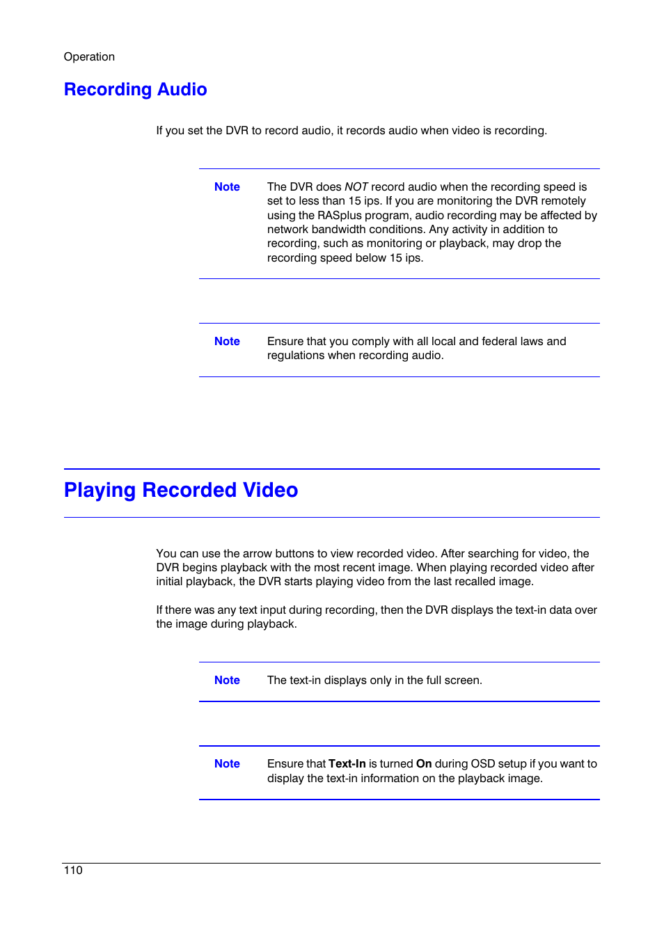 Recording audio, Playing recorded video | Honeywell HRSD4 User Manual | Page 110 / 136