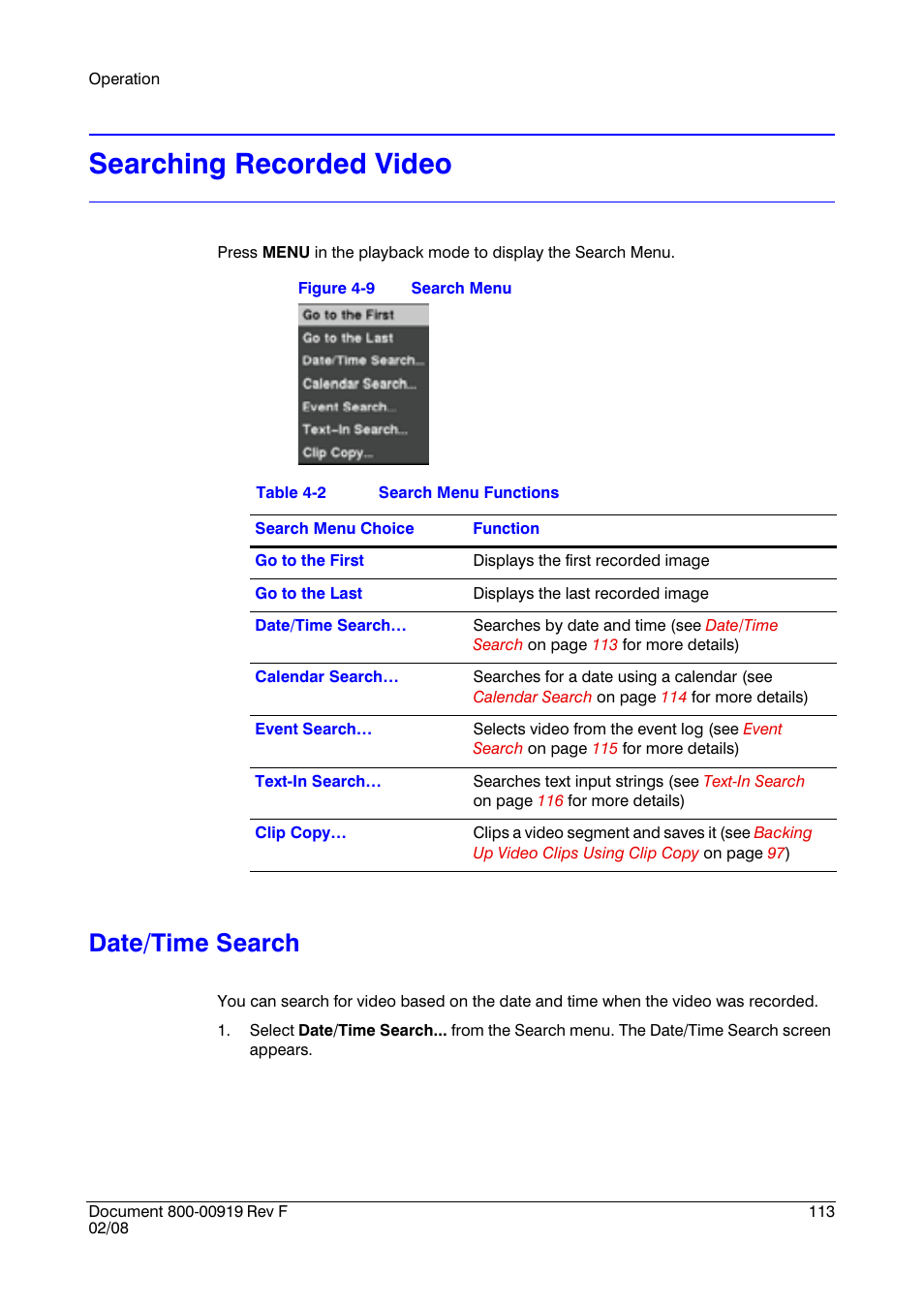 Searching recorded video, Date/time search | Honeywell HRSD4 User Manual | Page 113 / 136