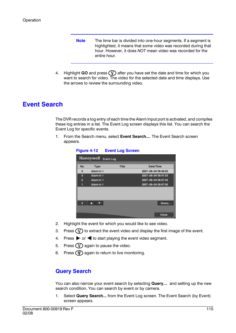 Event search, Query search | Honeywell HRSD4 User Manual | Page 115 / 136