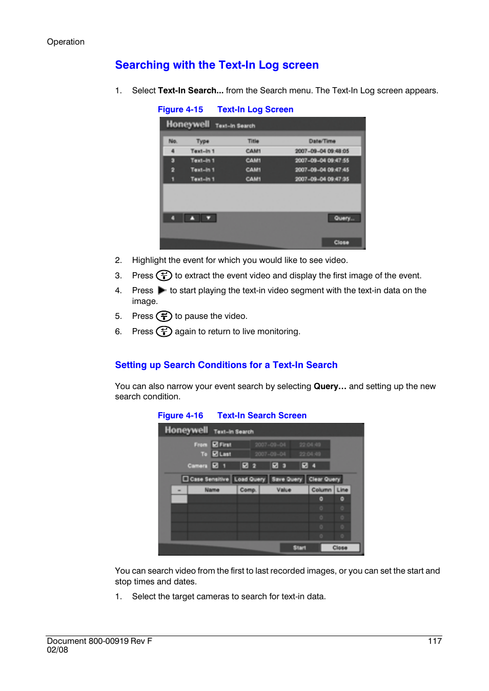 Searching with the text-in log screen | Honeywell HRSD4 User Manual | Page 117 / 136