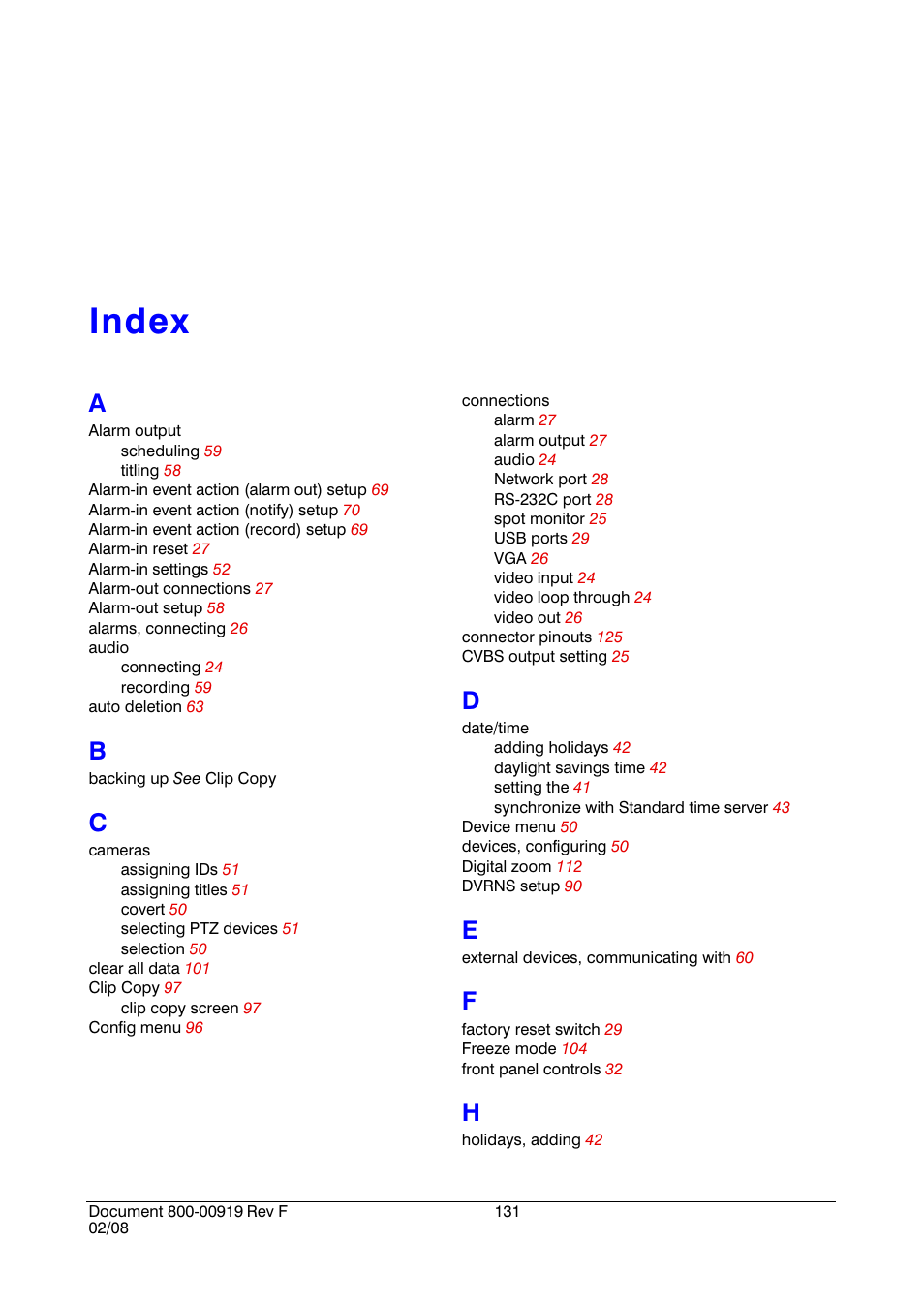 Index | Honeywell HRSD4 User Manual | Page 131 / 136