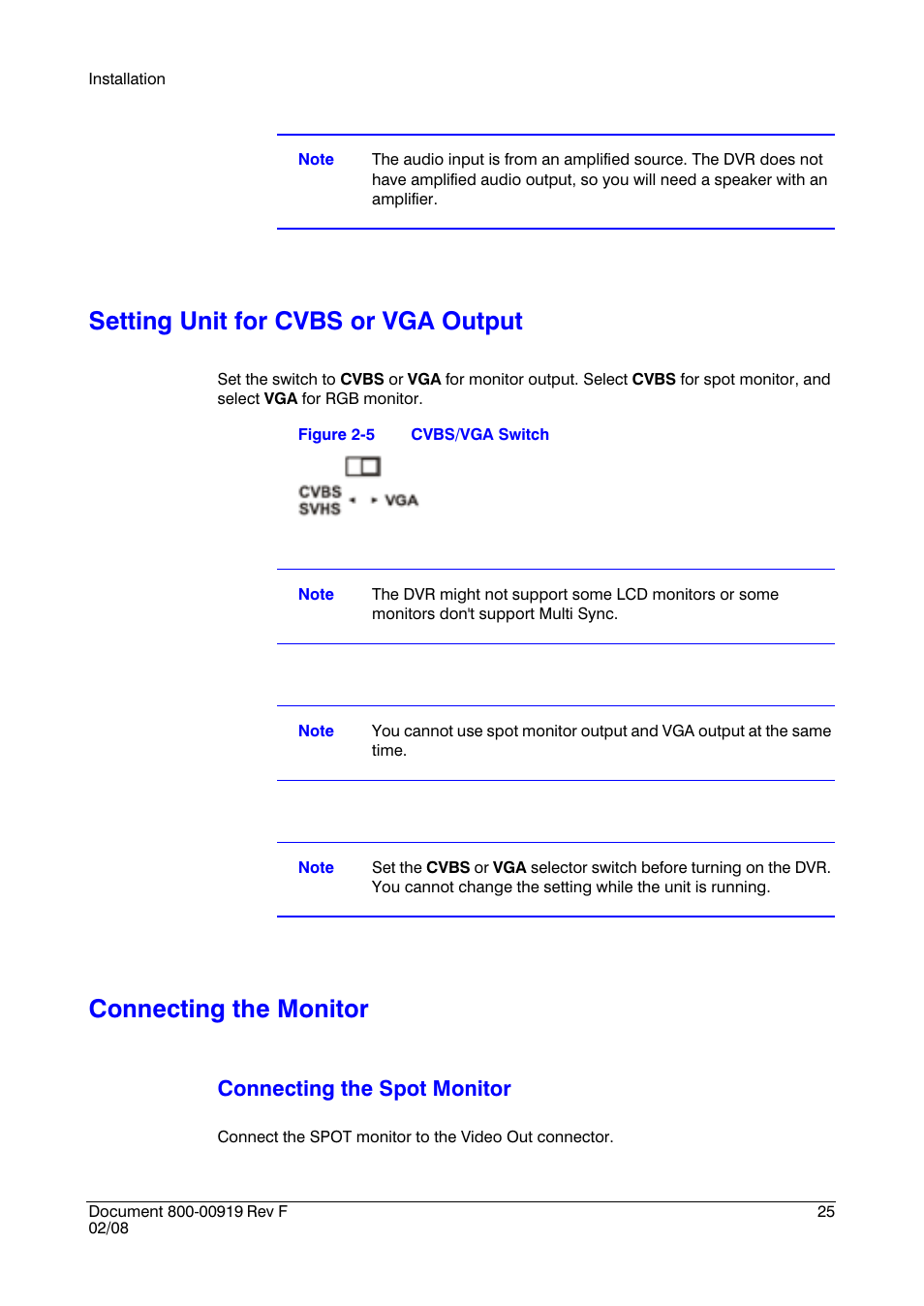 Setting unit for cvbs or vga output, Connecting the monitor, Connecting the spot monitor | Honeywell HRSD4 User Manual | Page 25 / 136