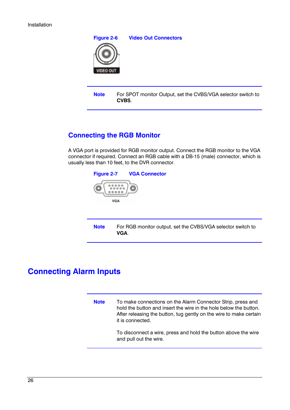 Connecting alarm inputs, Connecting the rgb monitor | Honeywell HRSD4 User Manual | Page 26 / 136