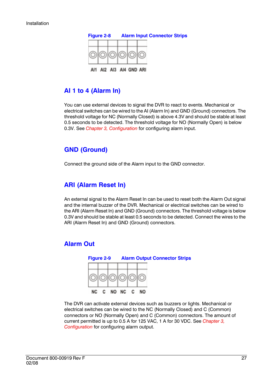 Ai 1 to 4 (alarm in), Gnd (ground), Ari (alarm reset in) | Alarm out | Honeywell HRSD4 User Manual | Page 27 / 136