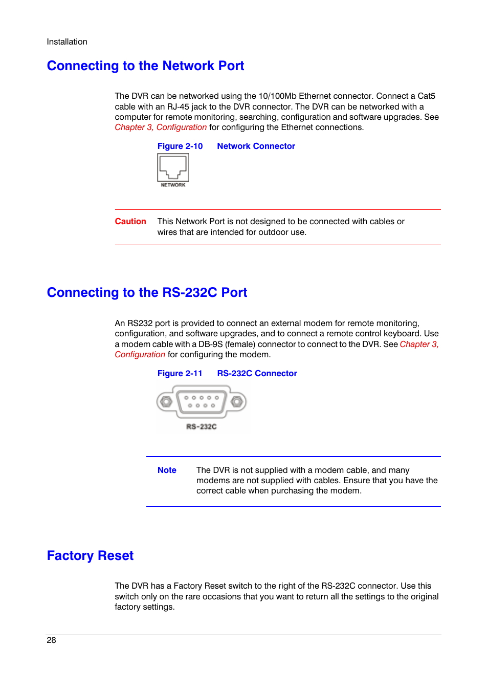 Connecting to the network port, Connecting to the rs-232c port, Factory reset | Honeywell HRSD4 User Manual | Page 28 / 136