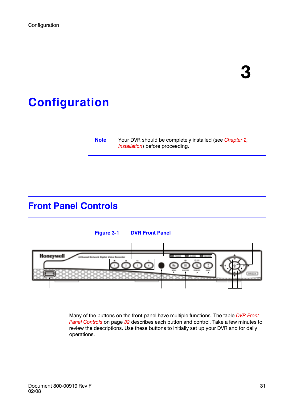 Configuration 3, Front panel controls, Configuration | Honeywell HRSD4 User Manual | Page 31 / 136