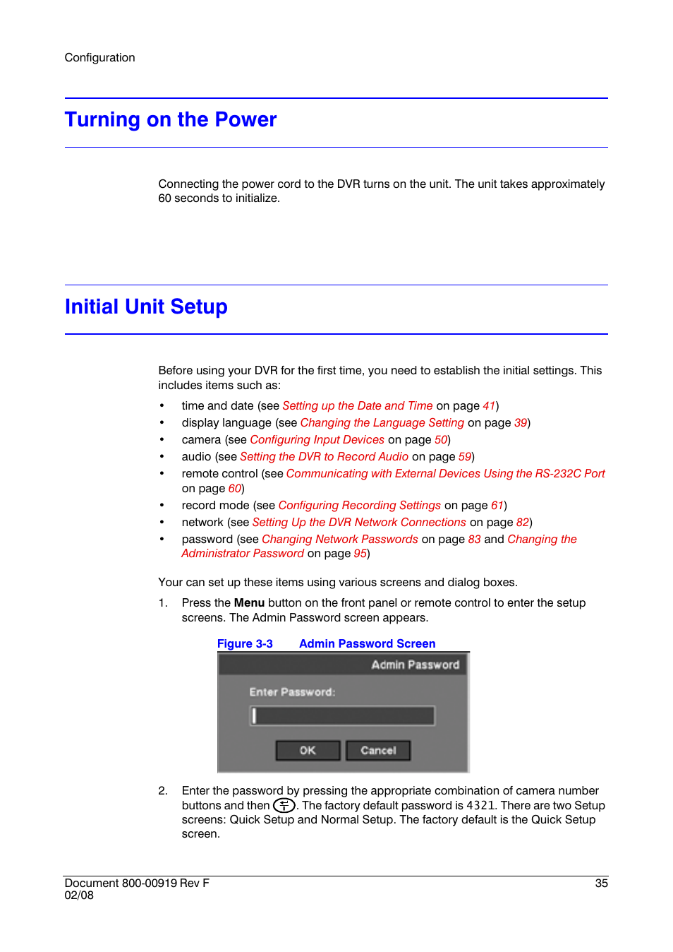 Turning on the power, Initial unit setup | Honeywell HRSD4 User Manual | Page 35 / 136