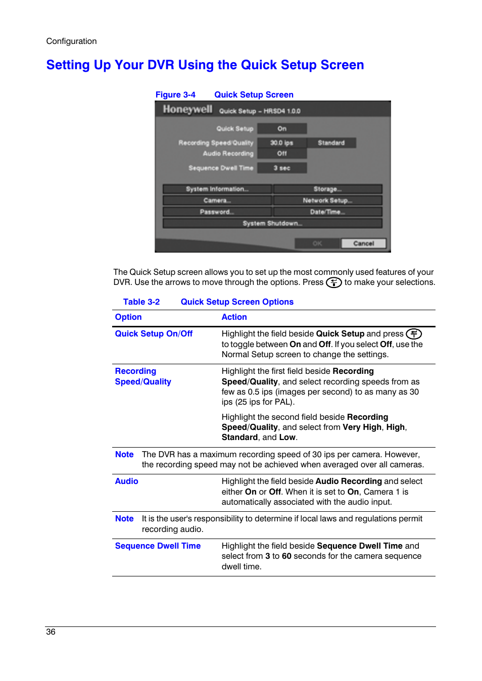 Setting up your dvr using the quick setup screen | Honeywell HRSD4 User Manual | Page 36 / 136