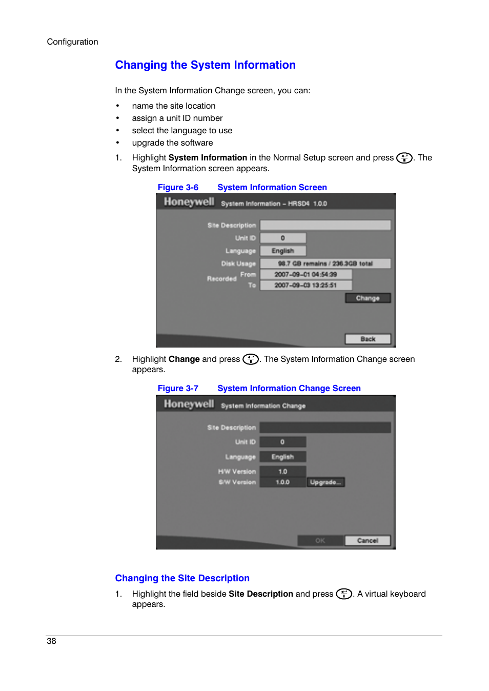 Changing the system information | Honeywell HRSD4 User Manual | Page 38 / 136