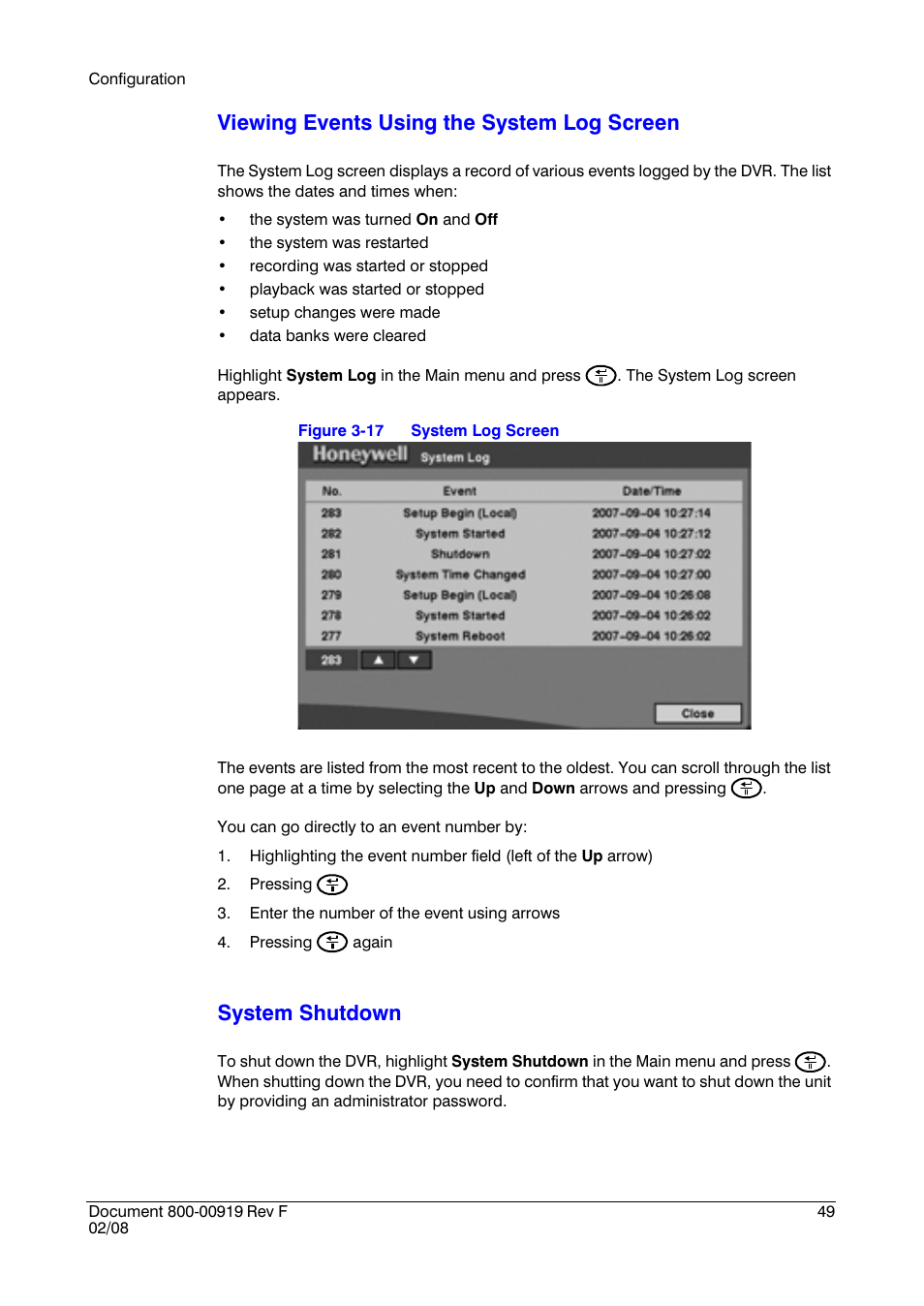 Viewing events using the system log screen, System shutdown | Honeywell HRSD4 User Manual | Page 49 / 136
