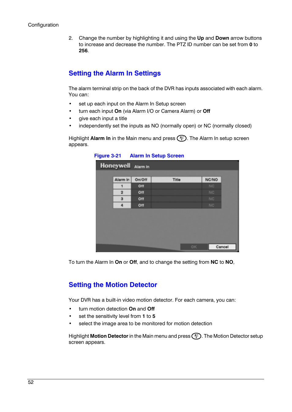 Setting the alarm in settings, Setting the motion detector | Honeywell HRSD4 User Manual | Page 52 / 136