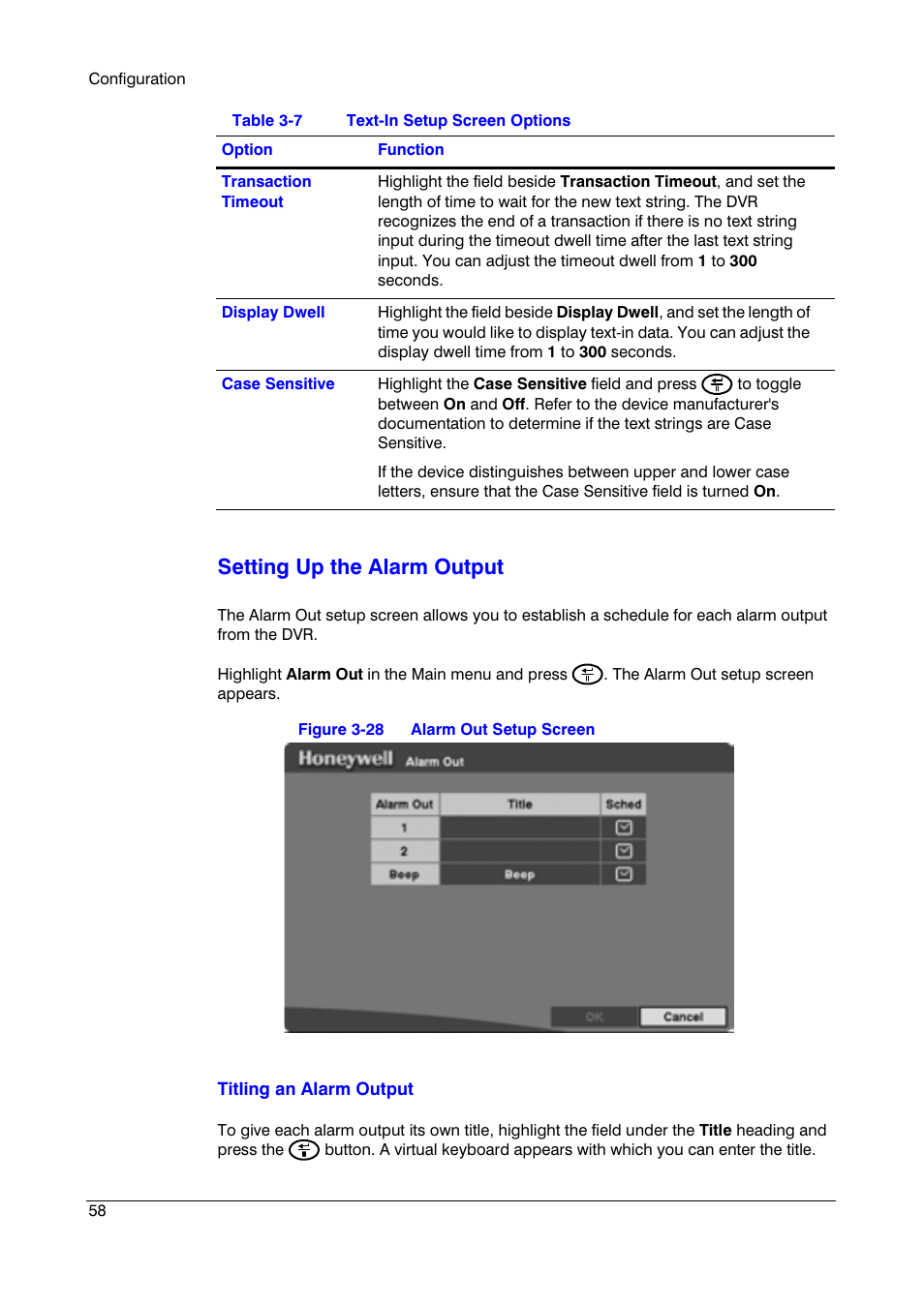 Setting up the alarm output | Honeywell HRSD4 User Manual | Page 58 / 136
