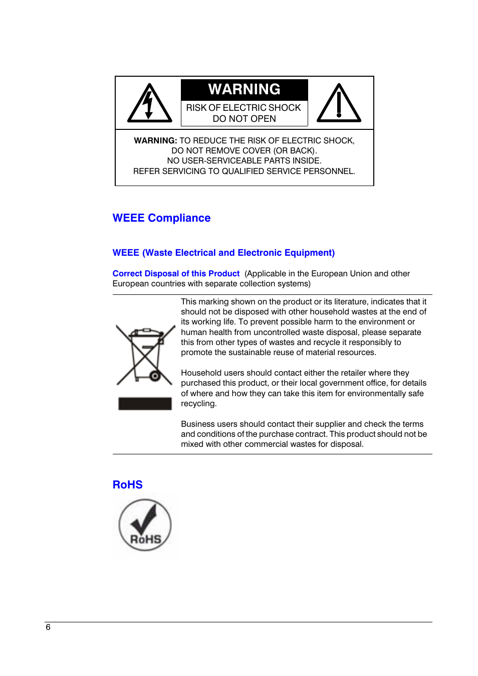 Warning, Weee compliance, Rohs | Honeywell HRSD4 User Manual | Page 6 / 136