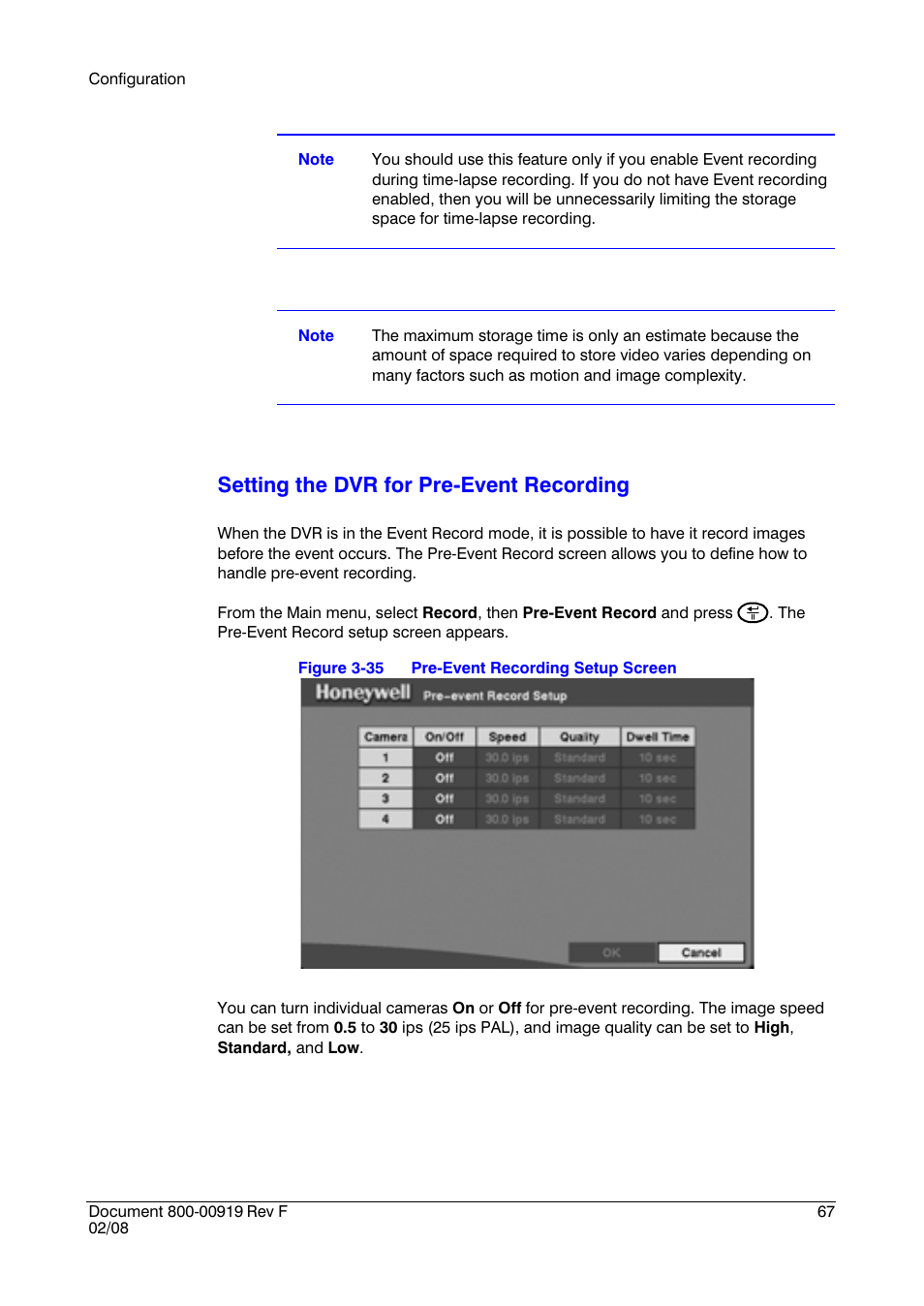 Setting the dvr for pre-event recording | Honeywell HRSD4 User Manual | Page 67 / 136