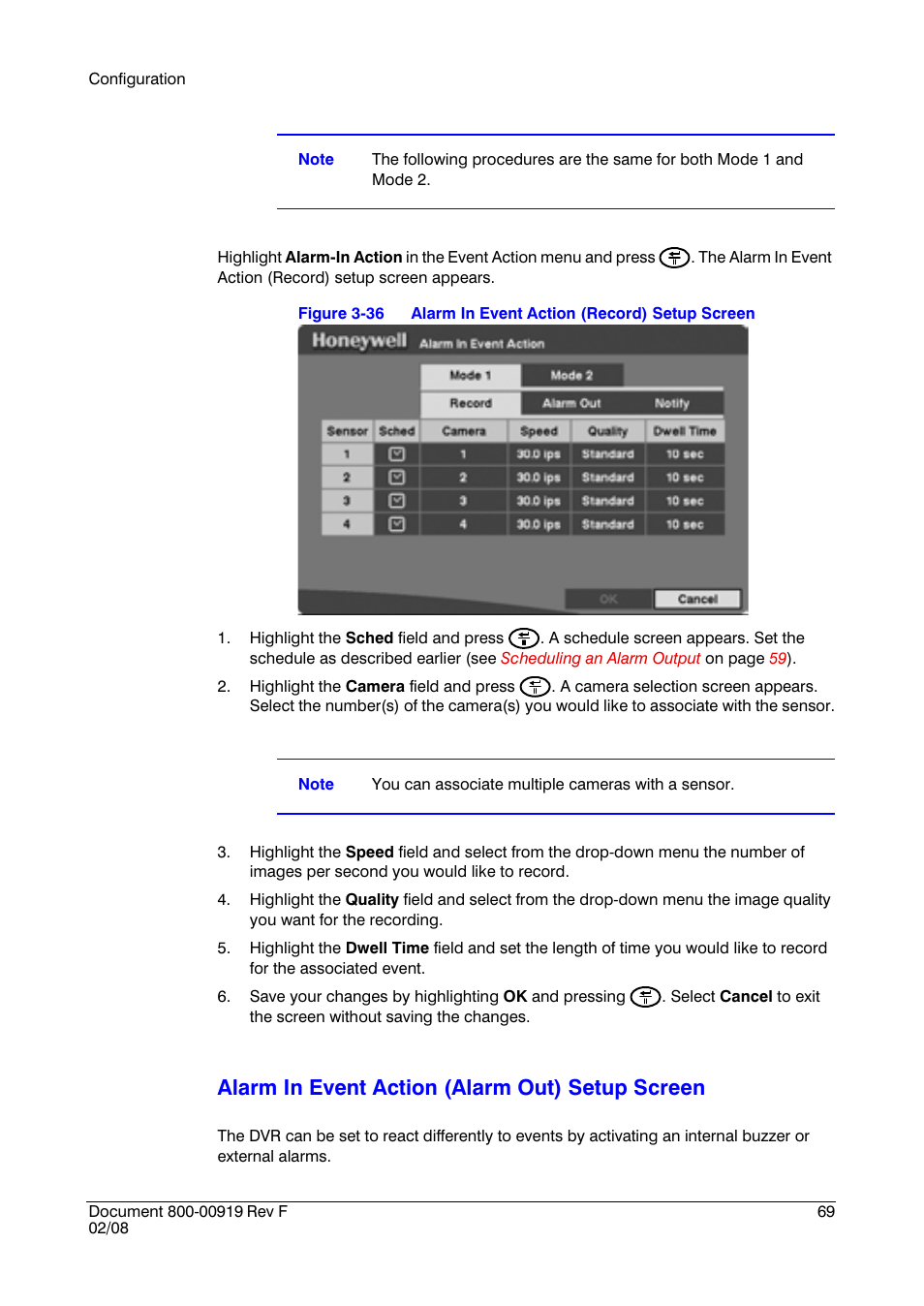 Alarm in event action (alarm out) setup screen | Honeywell HRSD4 User Manual | Page 69 / 136