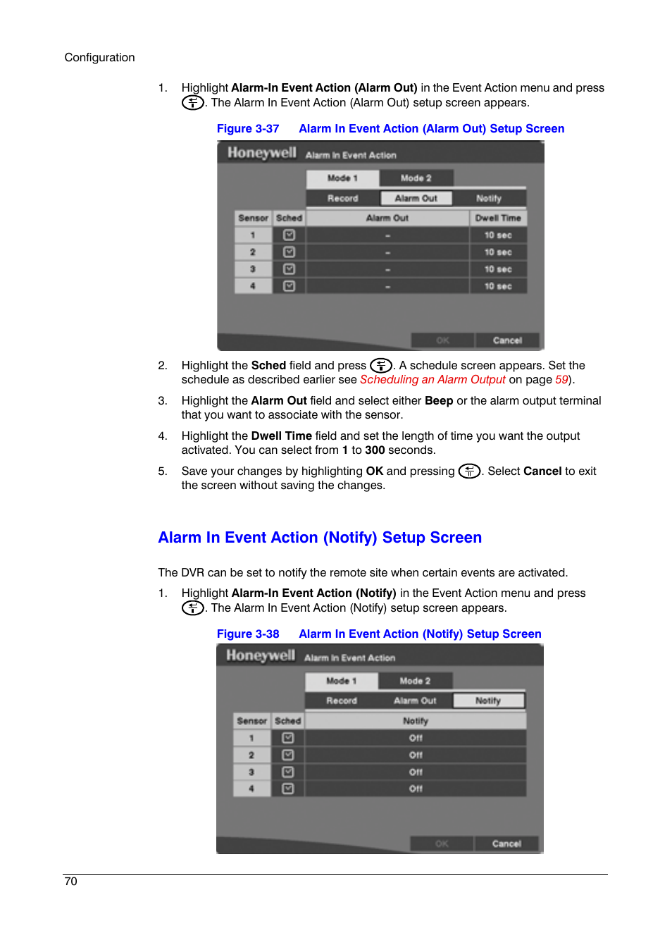 Alarm in event action (notify) setup screen | Honeywell HRSD4 User Manual | Page 70 / 136