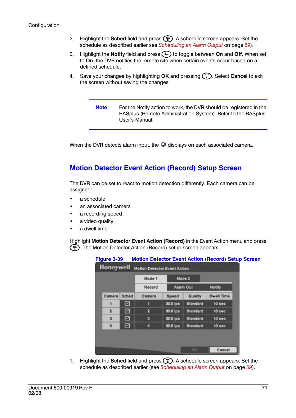 Motion detector event action (record) setup screen | Honeywell HRSD4 User Manual | Page 71 / 136