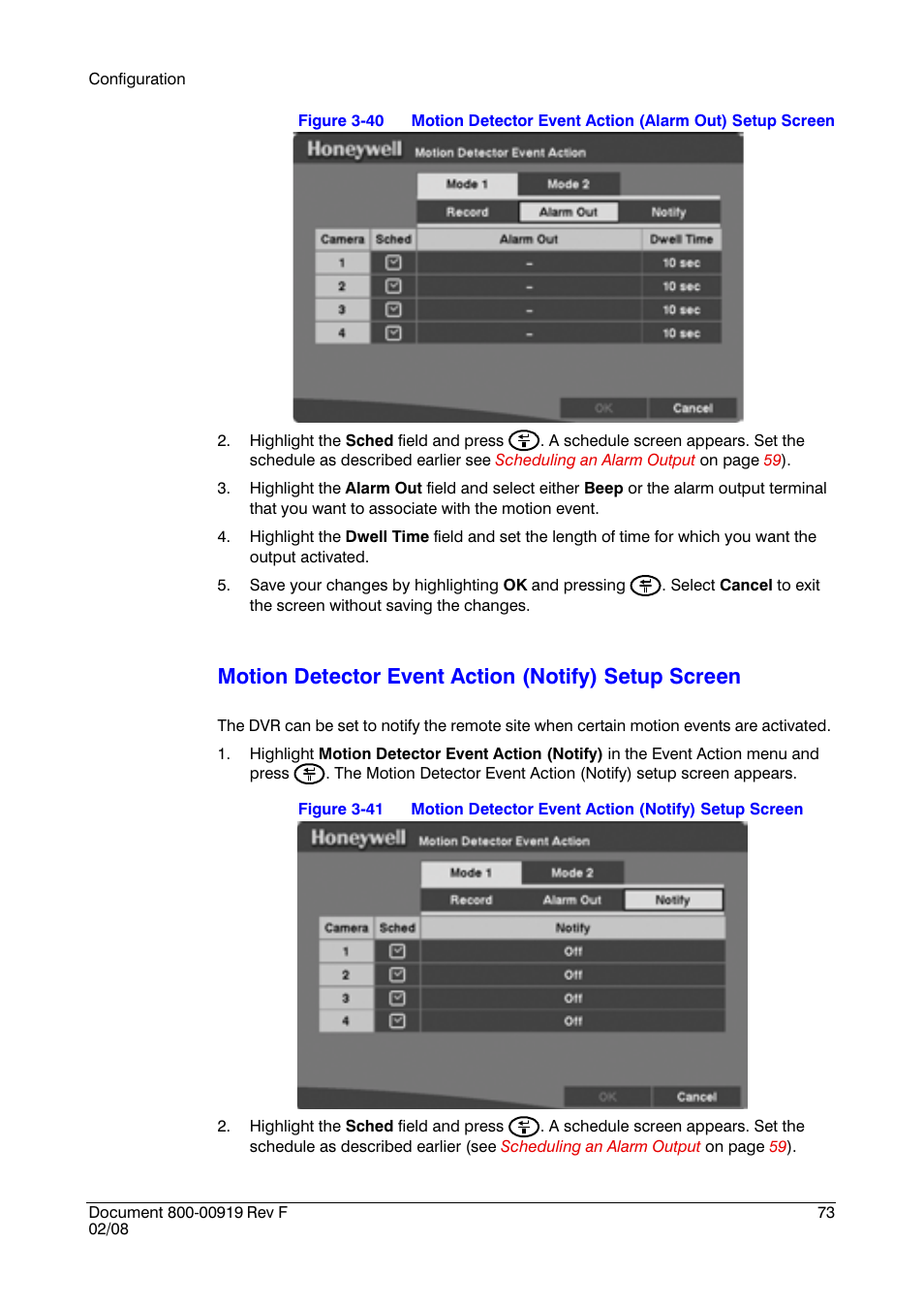 Motion detector event action (notify) setup screen | Honeywell HRSD4 User Manual | Page 73 / 136