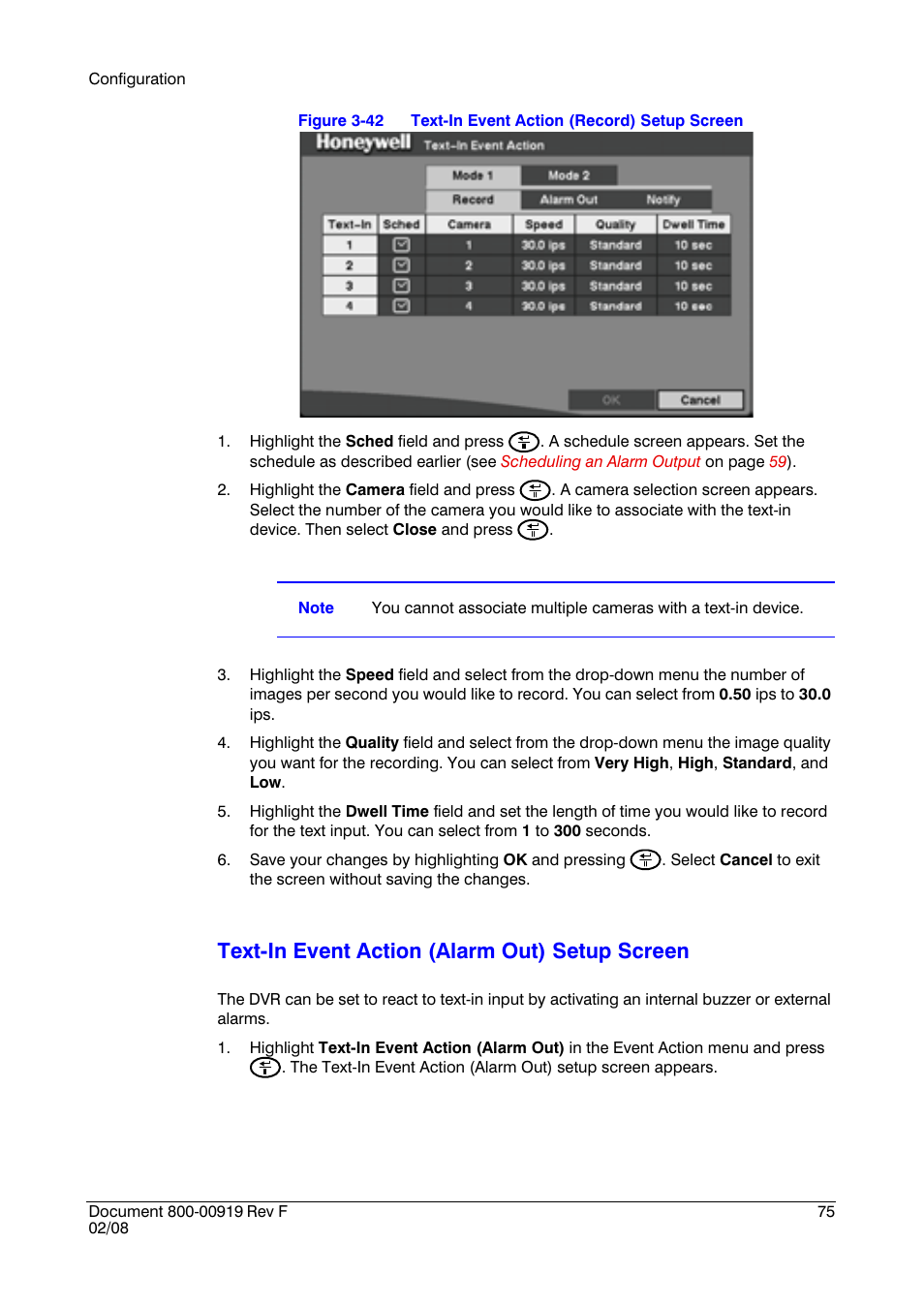 Text-in event action (alarm out) setup screen | Honeywell HRSD4 User Manual | Page 75 / 136
