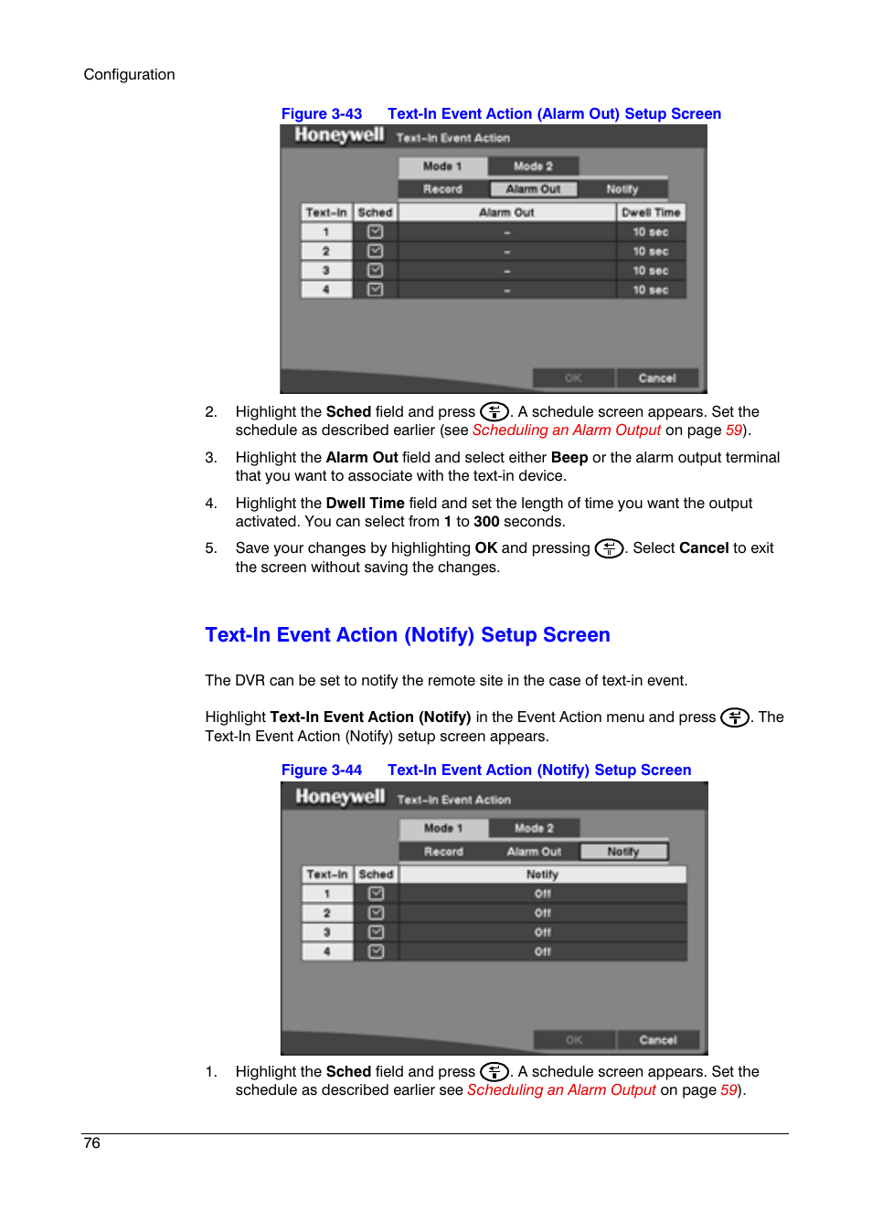 Text-in event action (notify) setup screen | Honeywell HRSD4 User Manual | Page 76 / 136