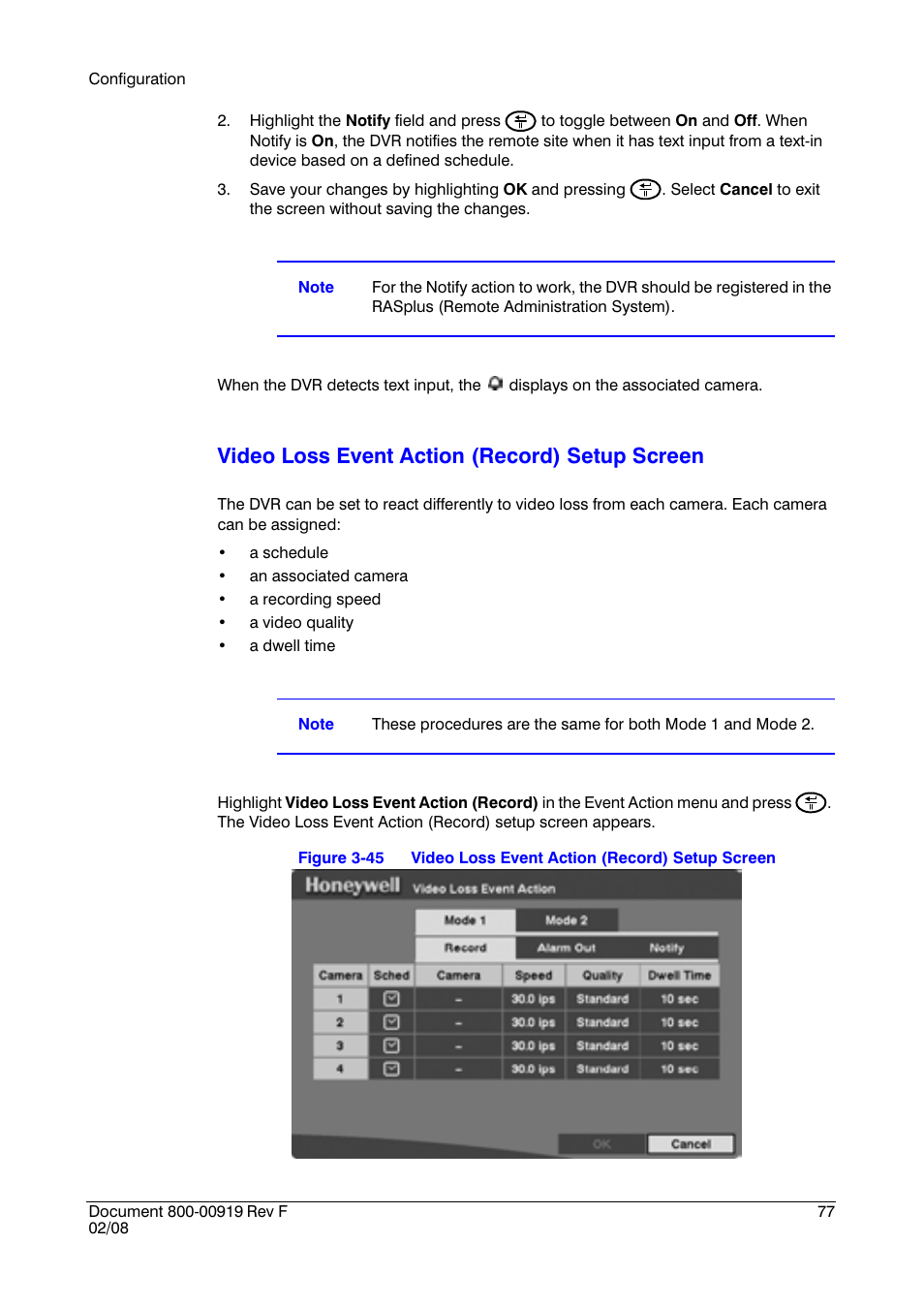 Video loss event action (record) setup screen | Honeywell HRSD4 User Manual | Page 77 / 136