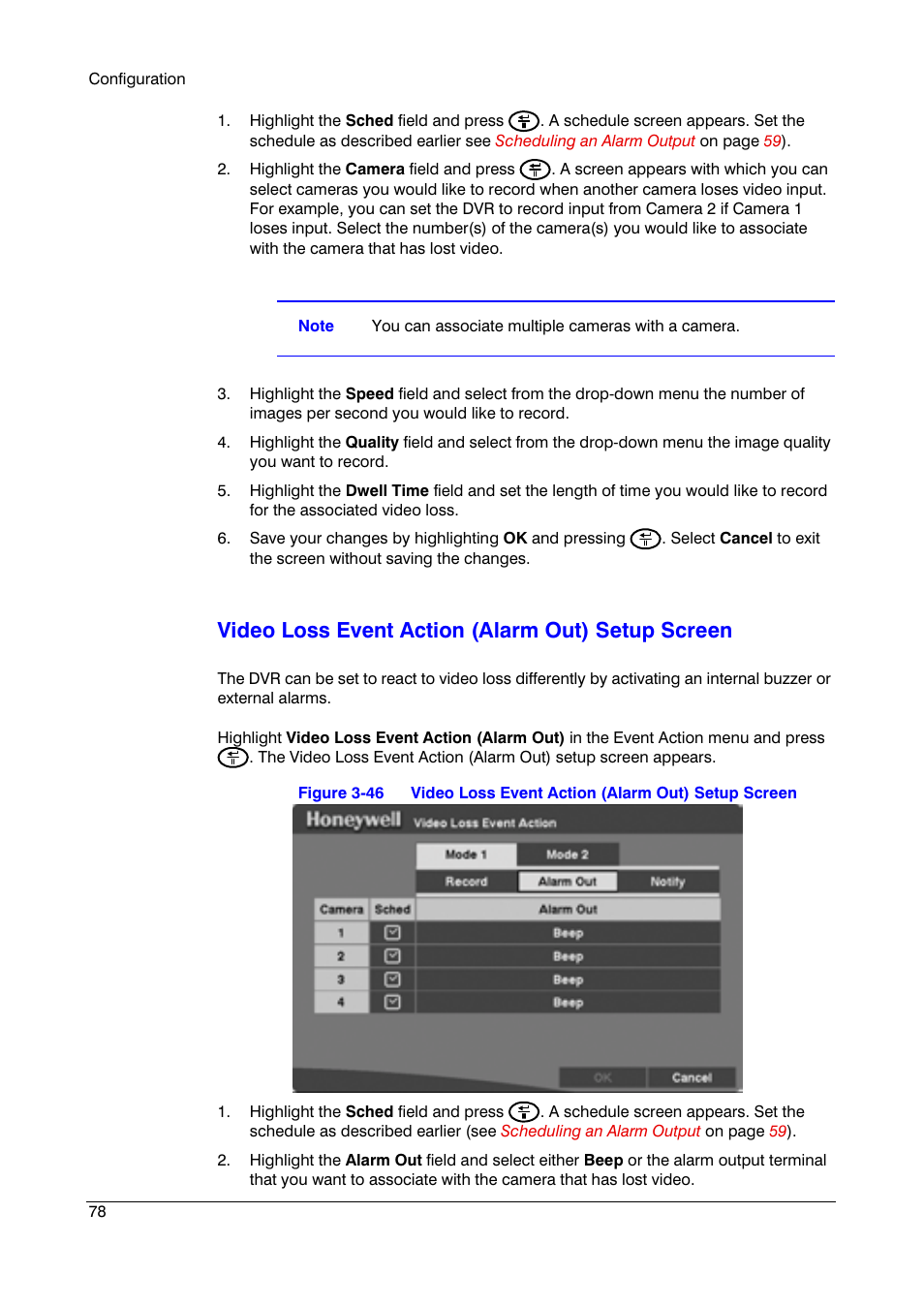 Video loss event action (alarm out) setup screen | Honeywell HRSD4 User Manual | Page 78 / 136