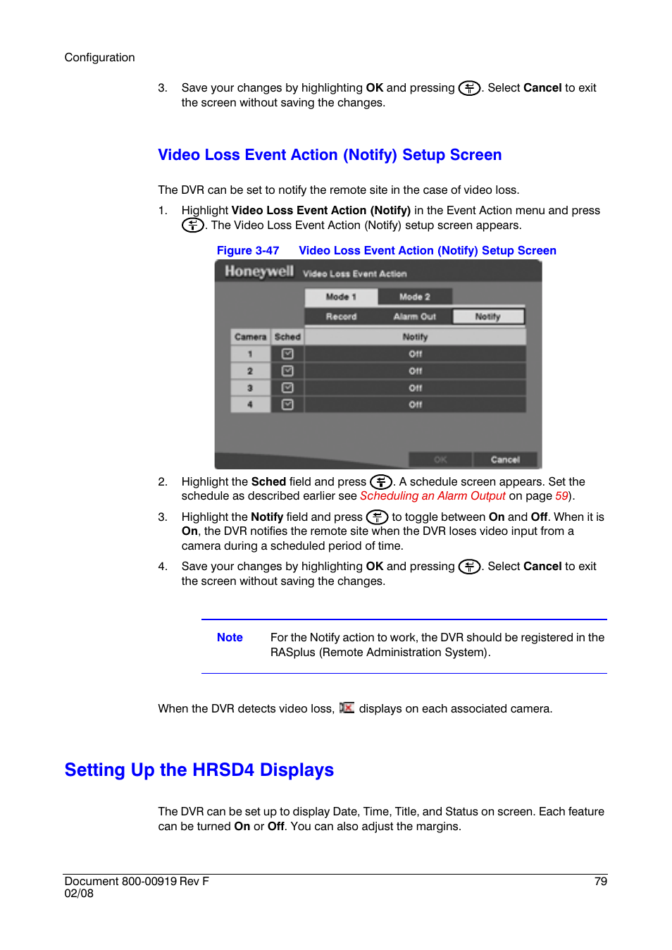 Setting up the hrsd4 displays, Video loss event action (notify) setup screen | Honeywell HRSD4 User Manual | Page 79 / 136