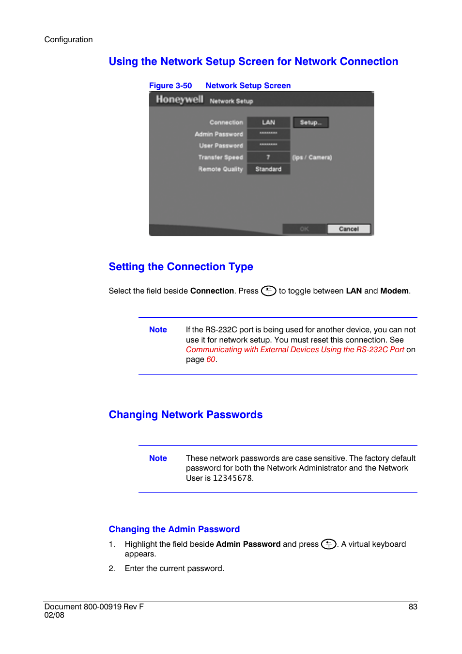 Setting the connection type, Changing network passwords | Honeywell HRSD4 User Manual | Page 83 / 136