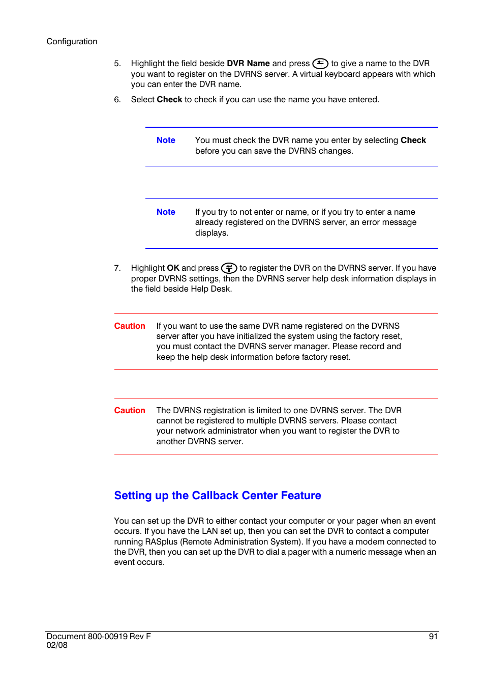 Setting up the callback center feature | Honeywell HRSD4 User Manual | Page 91 / 136