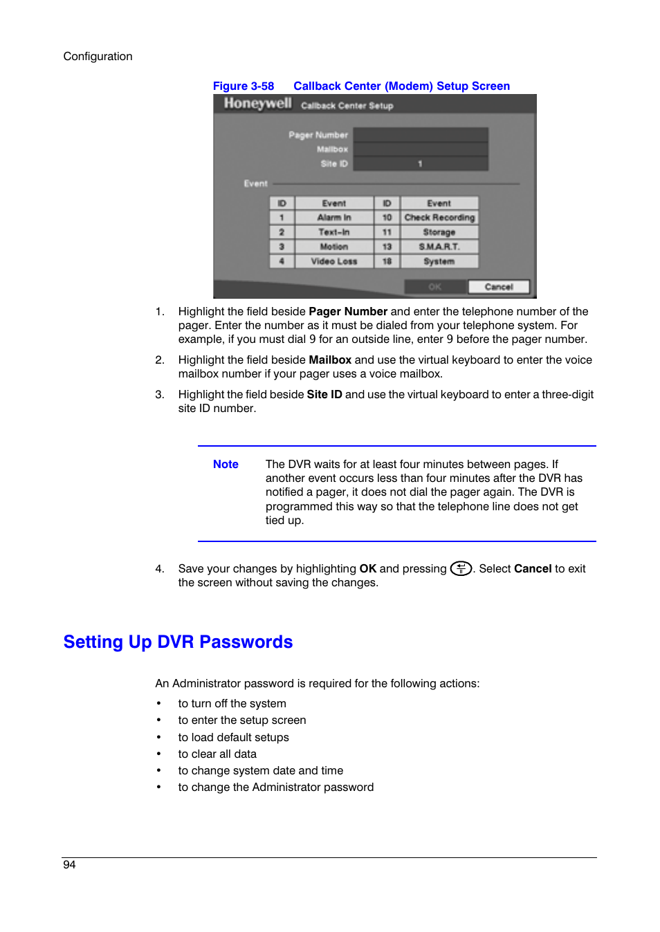 Setting up dvr passwords | Honeywell HRSD4 User Manual | Page 94 / 136