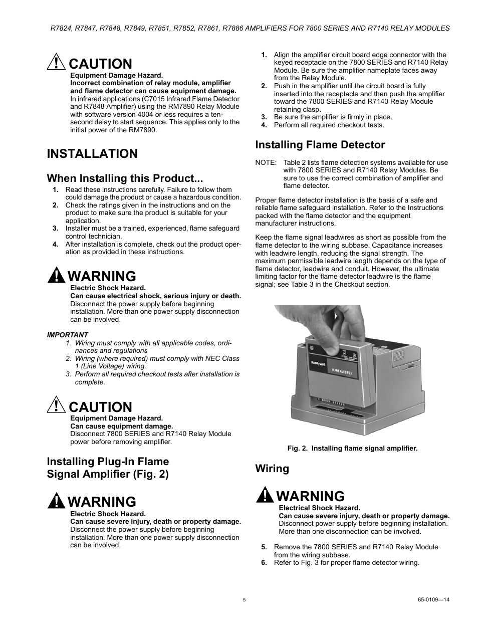 Installation, When installing this product, Installing plug-in flame signal amplifier (fig. 2) | Installing flame detector, Wiring, Caution, Warning | Honeywell R7824 User Manual | Page 5 / 8