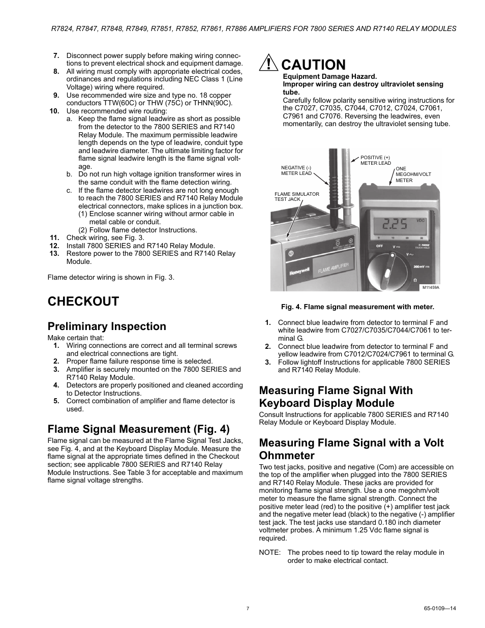 Checkout, Preliminary inspection, Flame signal measurement (fig. 4) | Measuring flame signal with a volt ohmmeter, Caution | Honeywell R7824 User Manual | Page 7 / 8