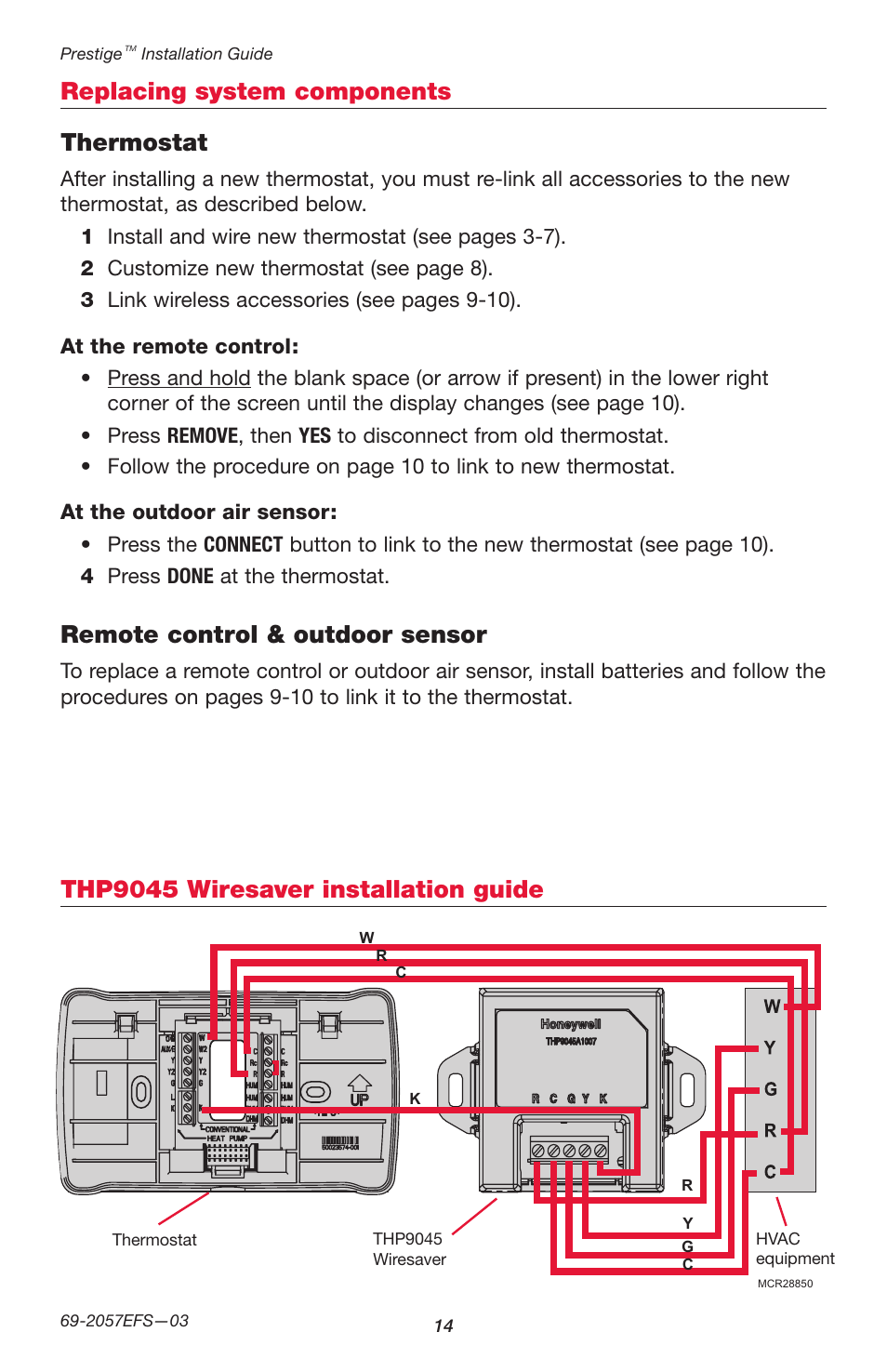 Replacing system components thermostat, Remote control & outdoor sensor, Thp9045 wiresaver installation guide | Honeywell PRESTIGE THX9000 User Manual | Page 14 / 52