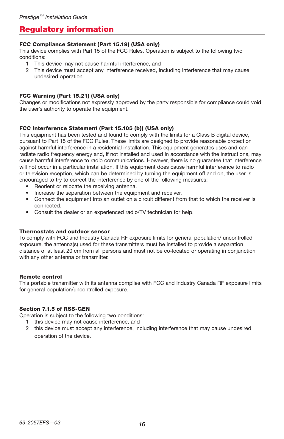 Regulatory information | Honeywell PRESTIGE THX9000 User Manual | Page 16 / 52