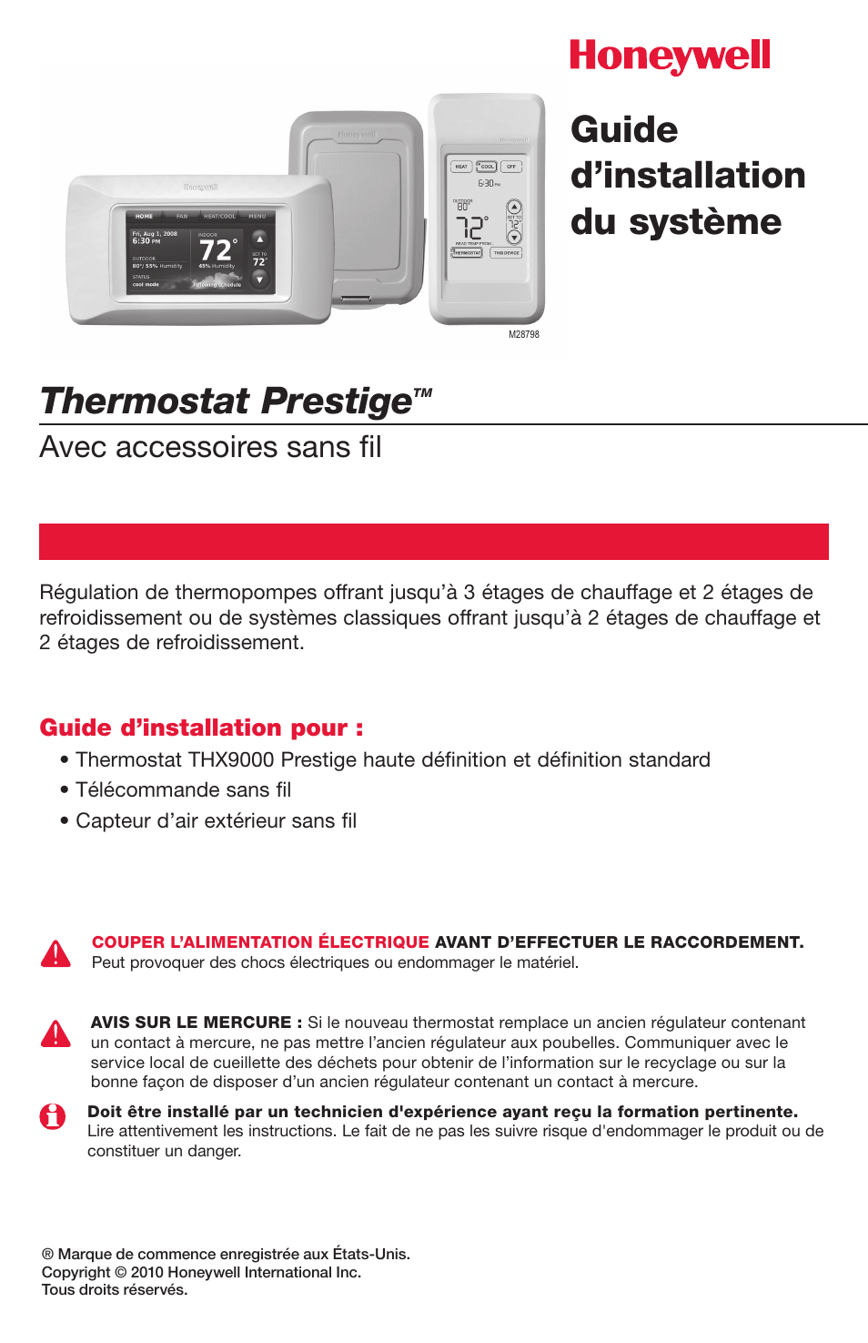 Thermostat prestige, Guide d’installation du système, Avec accessoires sans fil | Guide d’installation pour | Honeywell PRESTIGE THX9000 User Manual | Page 17 / 52