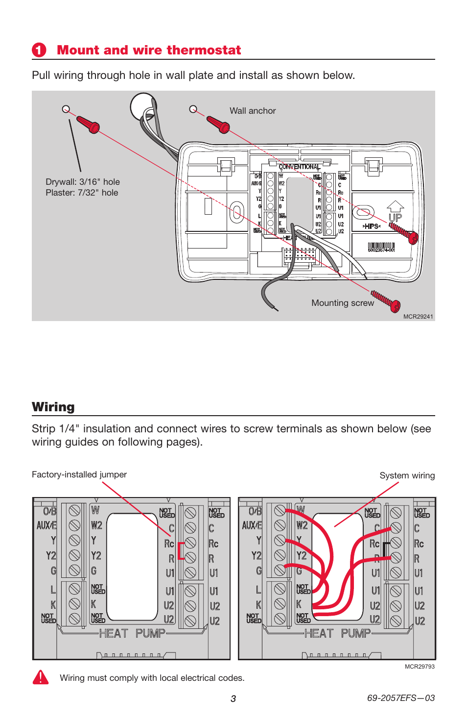 Mount and wire thermostat, Wiring | Honeywell PRESTIGE THX9000 User Manual | Page 3 / 52