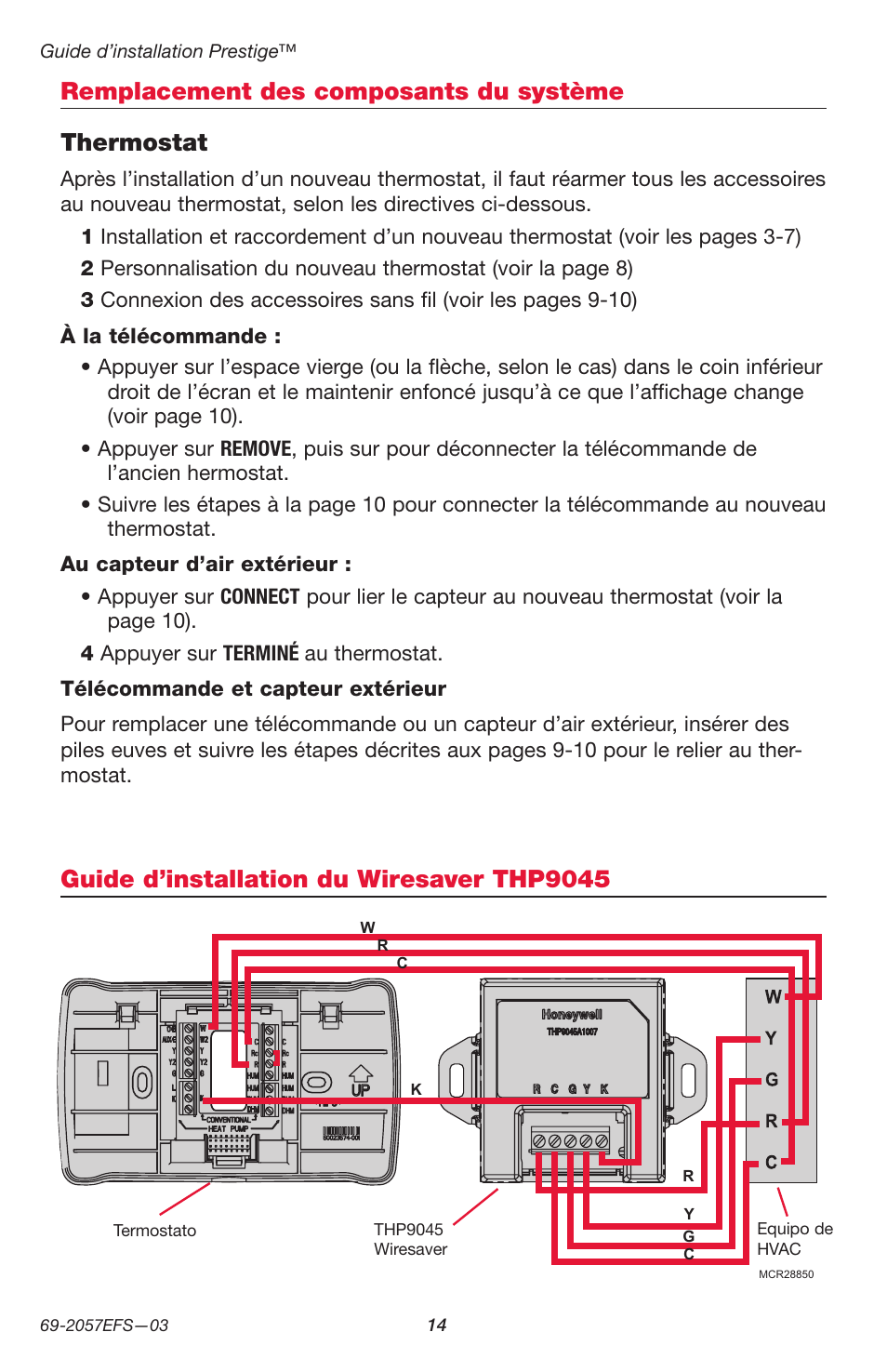 Remplacement des composants du système thermostat, Guide d’installation du wiresaver thp9045 | Honeywell PRESTIGE THX9000 User Manual | Page 30 / 52