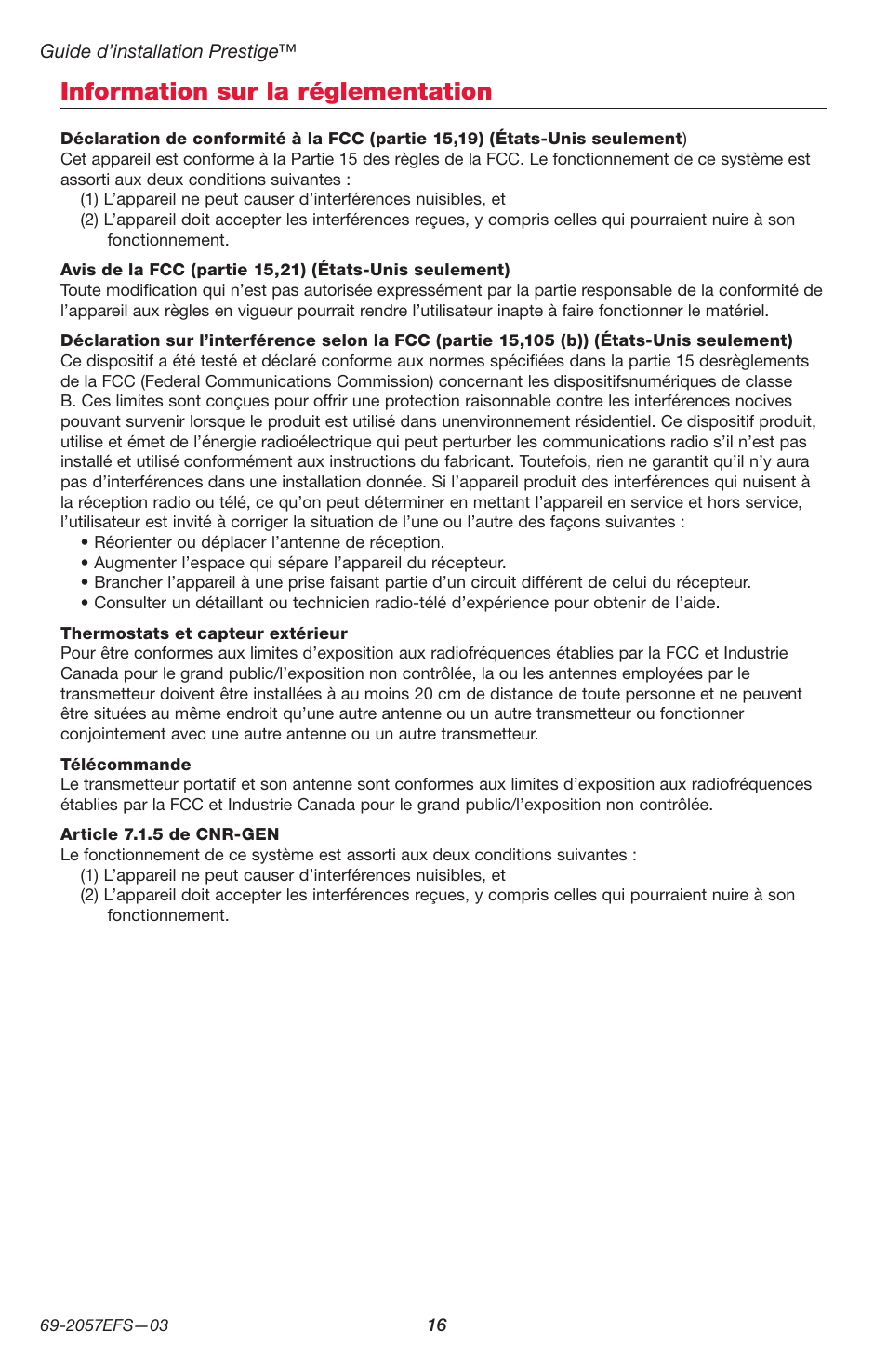 Information sur la réglementation | Honeywell PRESTIGE THX9000 User Manual | Page 32 / 52