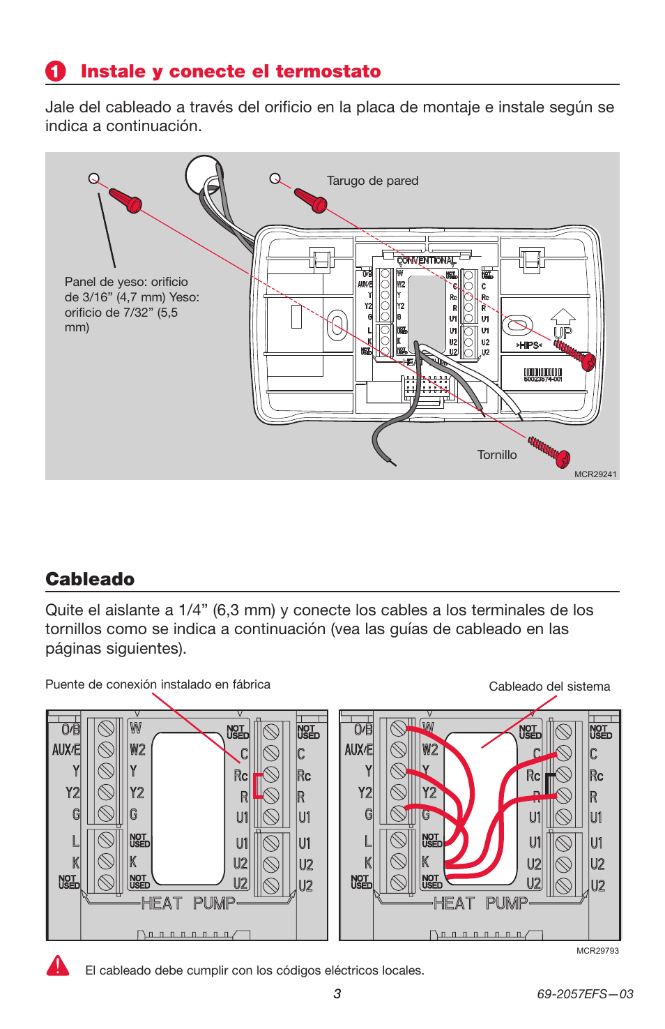 Instale y conecte el termostato, Cableado | Honeywell PRESTIGE THX9000 User Manual | Page 35 / 52