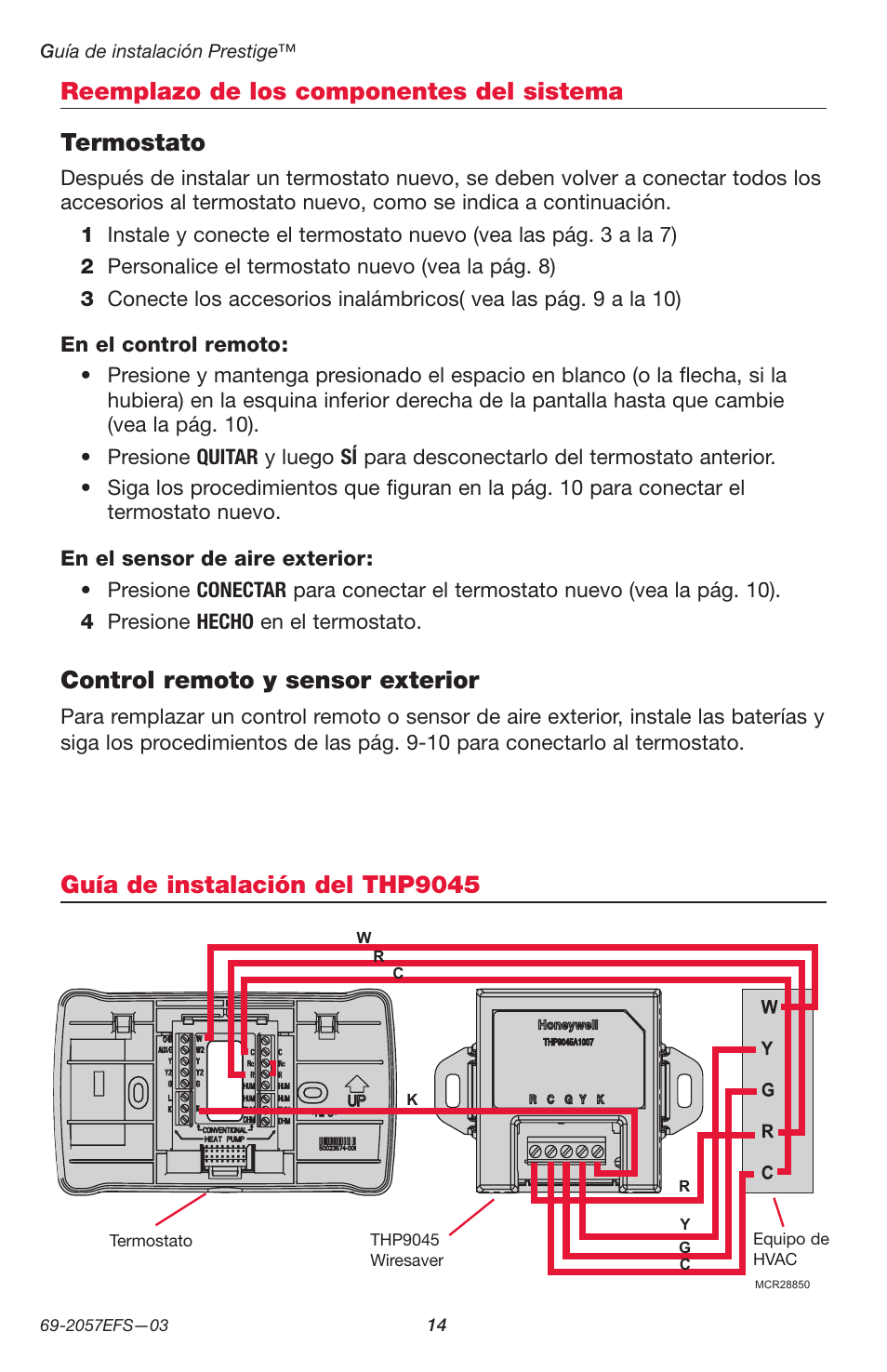 Control remoto y sensor exterior, Guía de instalación del thp9045 | Honeywell PRESTIGE THX9000 User Manual | Page 46 / 52