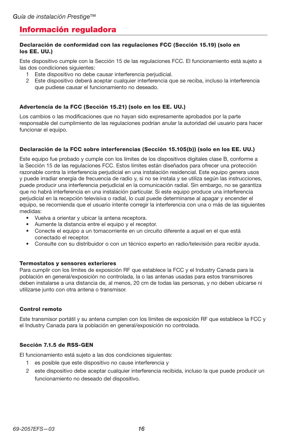 Información reguladora | Honeywell PRESTIGE THX9000 User Manual | Page 48 / 52