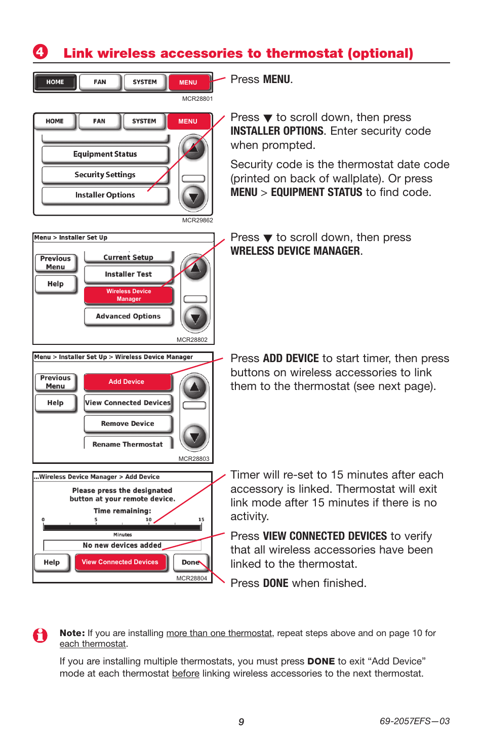 Link wireless accessories to thermostat (optional), Press menu . press | Honeywell PRESTIGE THX9000 User Manual | Page 9 / 52