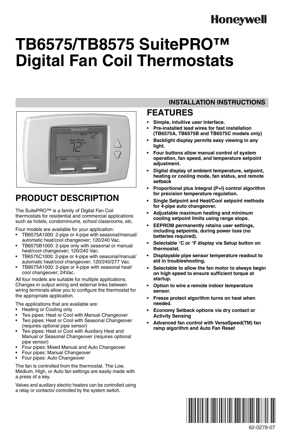 Honeywell SUITEPRO TB8575 User Manual | 20 pages