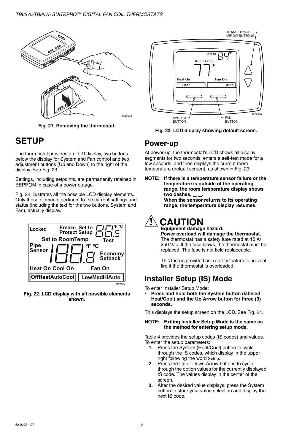 Setup, Power-up, Installer setup (is) mode | Caution, ºf ºc | Honeywell SUITEPRO TB8575 User Manual | Page 10 / 20