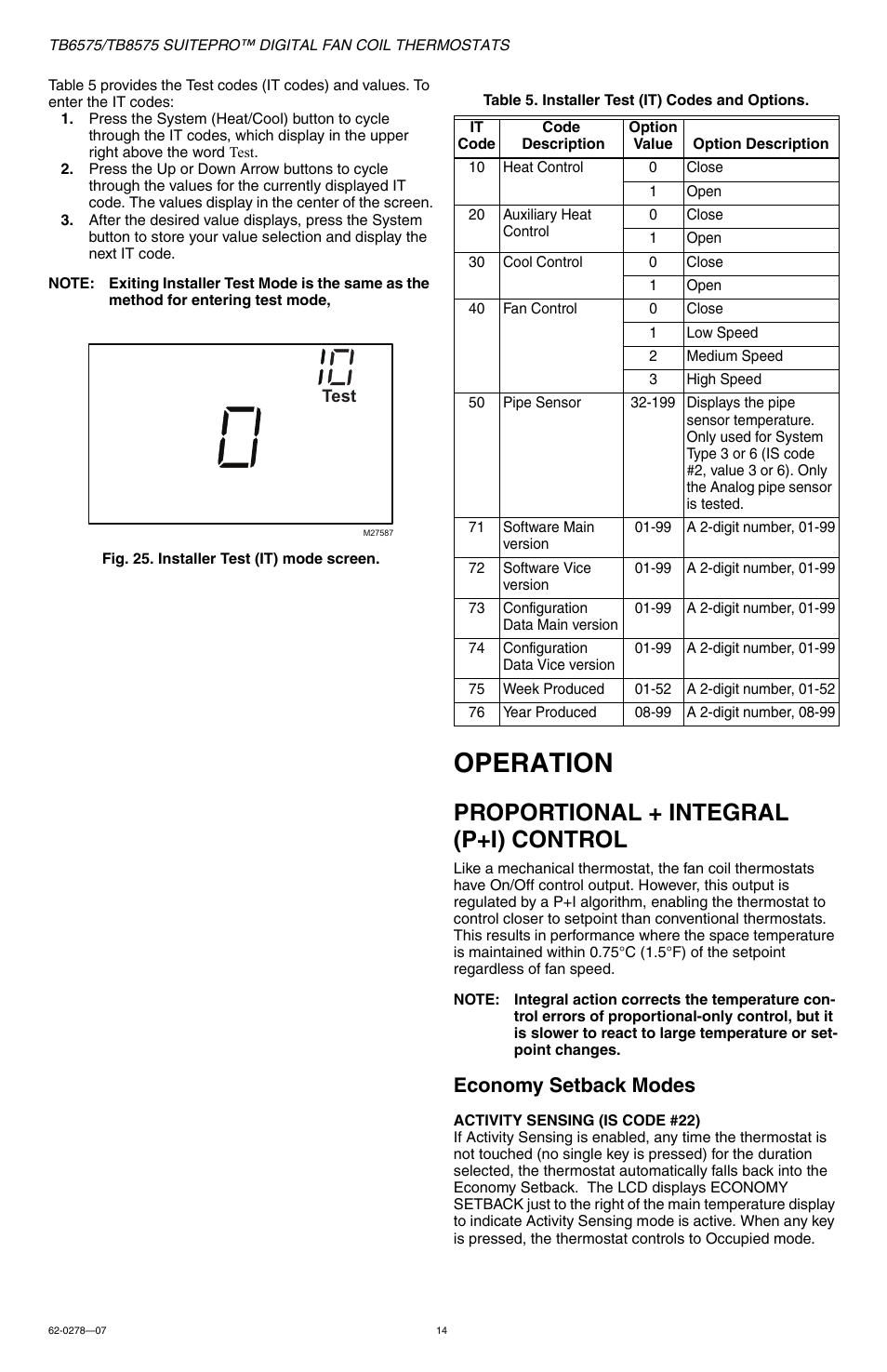 Operation, Proportional + integral (p+i) control, Economy setback modes | Honeywell SUITEPRO TB8575 User Manual | Page 14 / 20