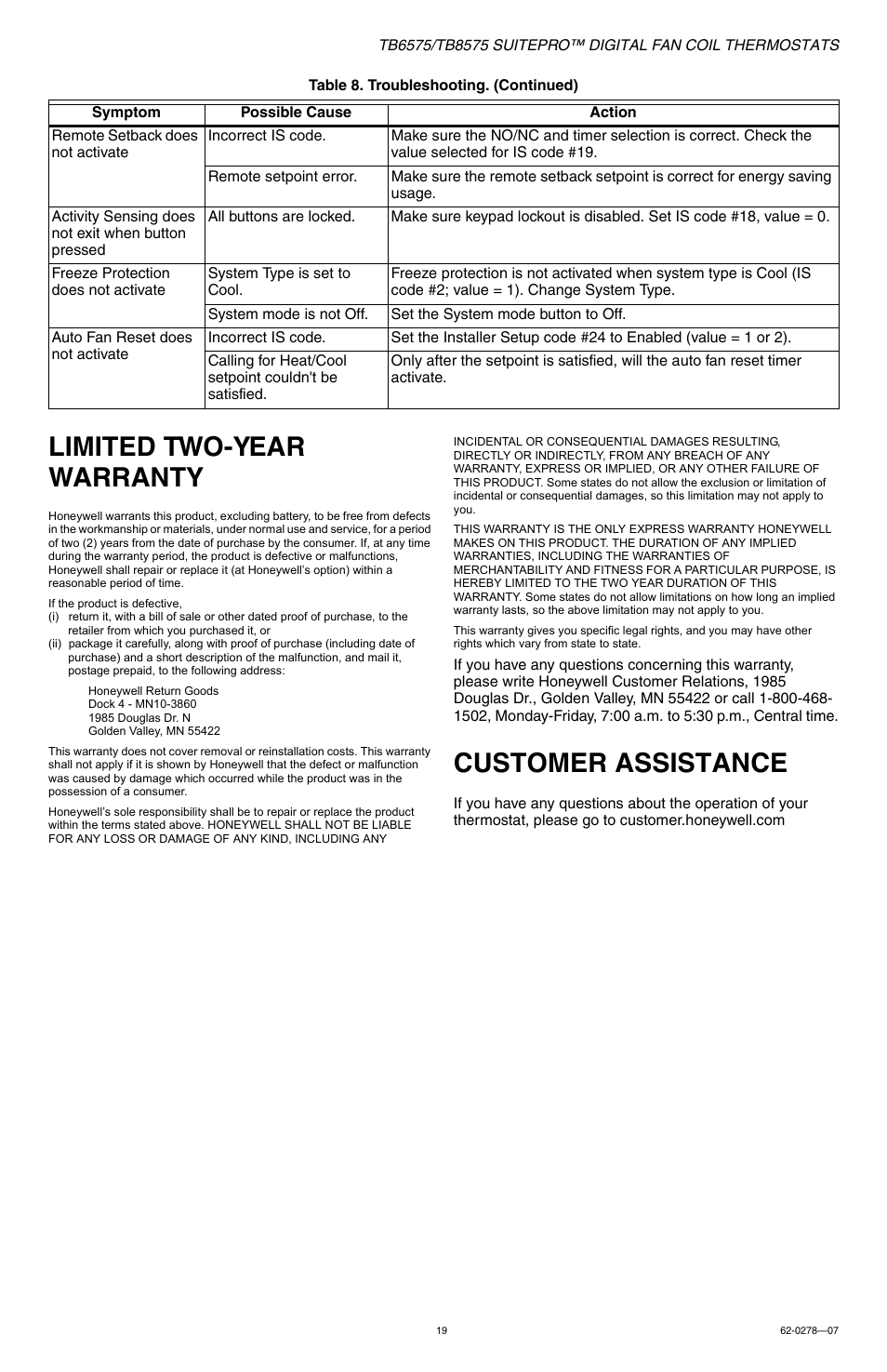 Limited two-year warranty, Customer assistance | Honeywell SUITEPRO TB8575 User Manual | Page 19 / 20
