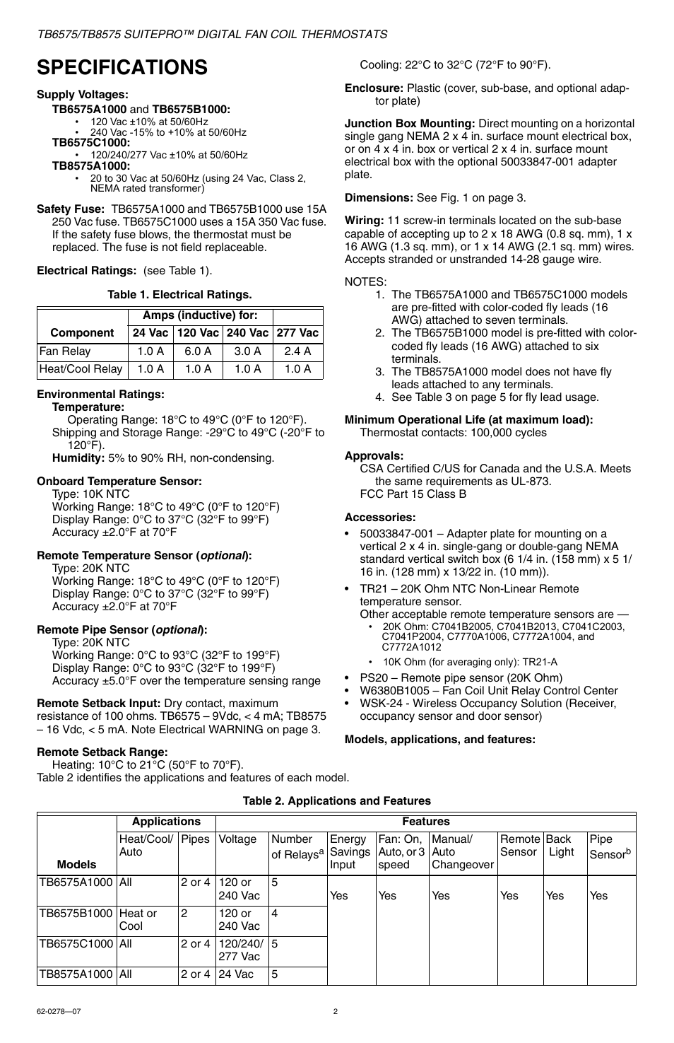 Specifications | Honeywell SUITEPRO TB8575 User Manual | Page 2 / 20