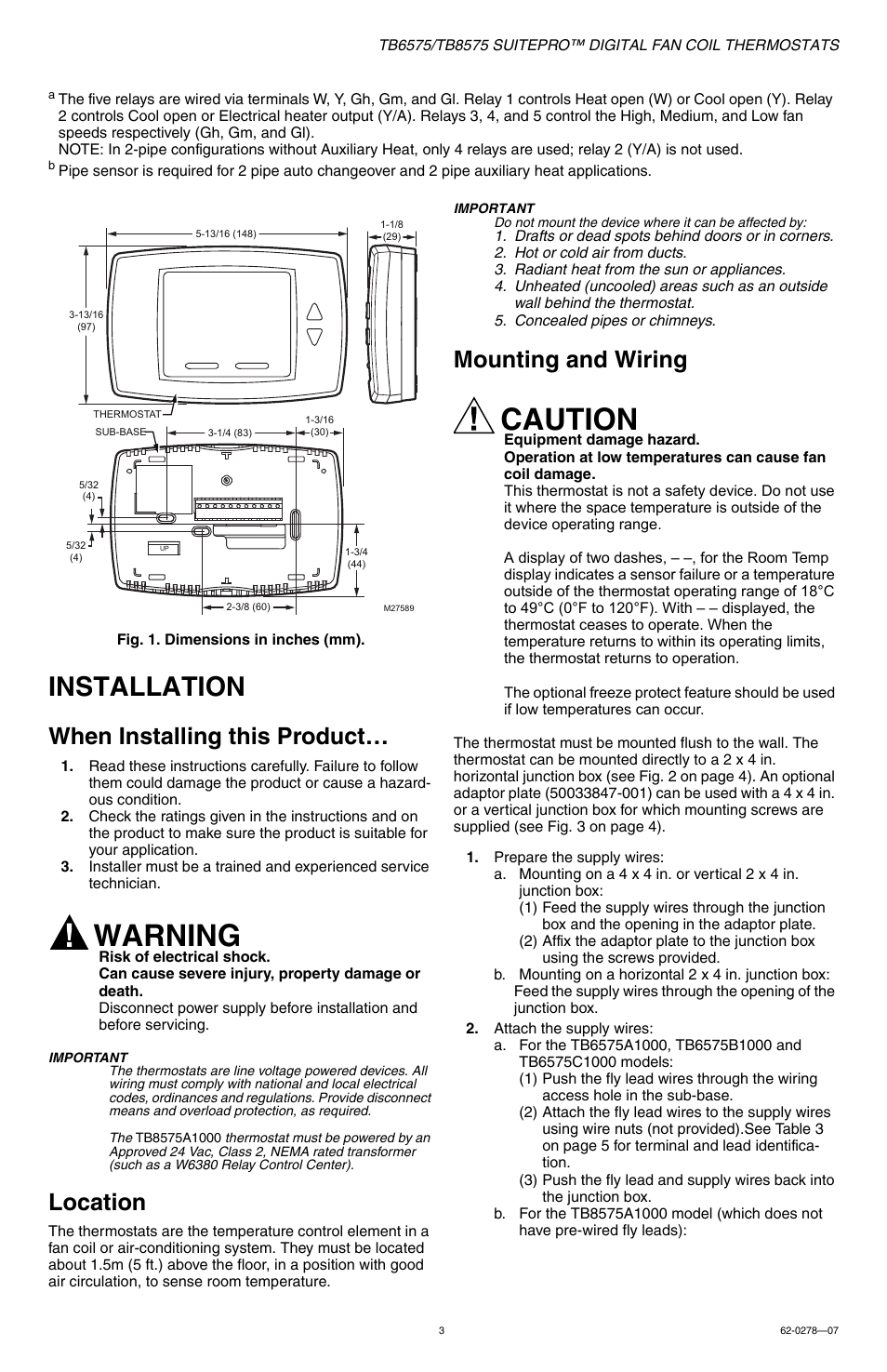 Installation, When installing this product, Location | Mounting and wiring, Warning, Caution | Honeywell SUITEPRO TB8575 User Manual | Page 3 / 20