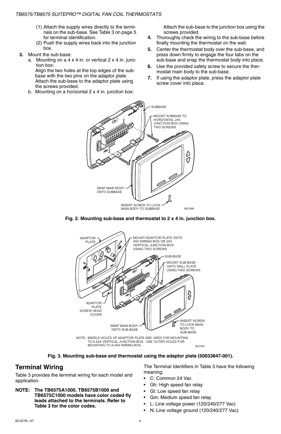 Terminal wiring | Honeywell SUITEPRO TB8575 User Manual | Page 4 / 20